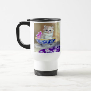 Vintage White Kitten Illustration Travel Mug