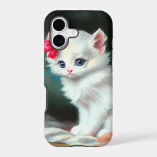 Vintage White Kitten Illustration with Red Flowers