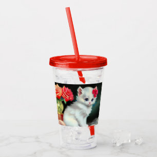 Vintage White Kitten Illustration with Red Flowers Acrylic Tumbler