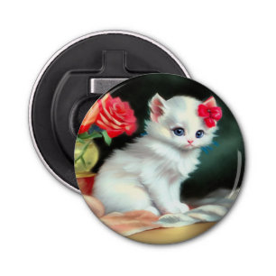 Vintage White Kitten Illustration with Red Flowers Bottle Opener