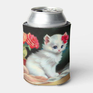 Vintage White Kitten Illustration with Red Flowers Can Cooler