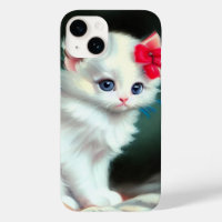 Vintage White Kitten Illustration with Red Flowers