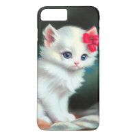 Vintage White Kitten Illustration with Red Flowers