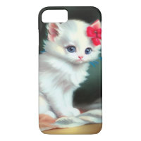 Vintage White Kitten Illustration with Red Flowers
