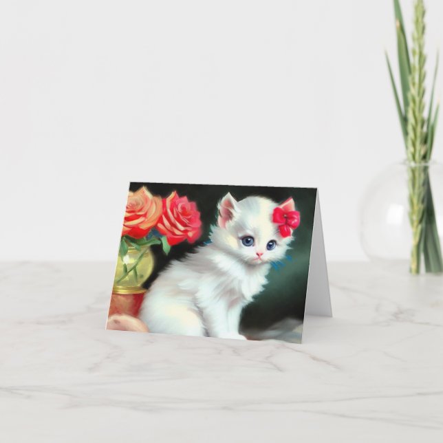 Vintage White Kitten Illustration with Red Flowers Invitation (Front)