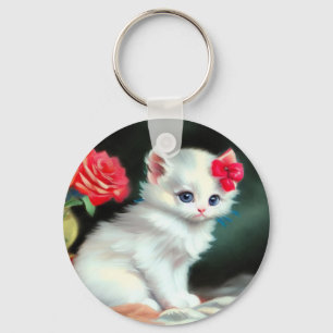 Vintage White Kitten Illustration with Red Flowers Key Ring