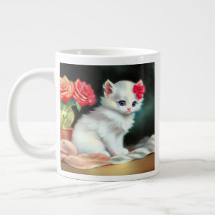 Vintage White Kitten Illustration with Red Flowers Large Coffee Mug