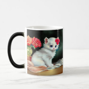 Vintage White Kitten Illustration with Red Flowers Magic Mug