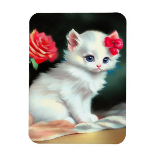 Vintage White Kitten Illustration with Red Flowers Magnet
