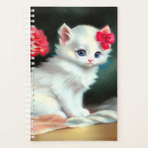 Vintage White Kitten Illustration with Red Flowers Planner