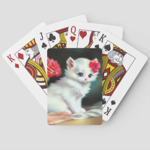 Vintage White Kitten Illustration with Red Flowers Playing Cards