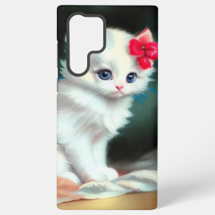 Vintage White Kitten Illustration with Red Flowers Samsung Galaxy Case