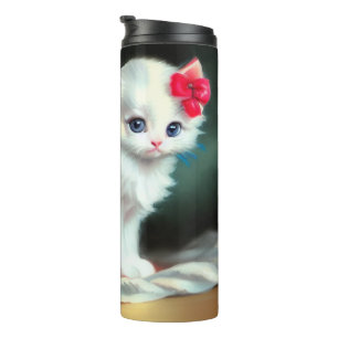 Vintage White Kitten Illustration with Red Flowers Thermal Tumbler