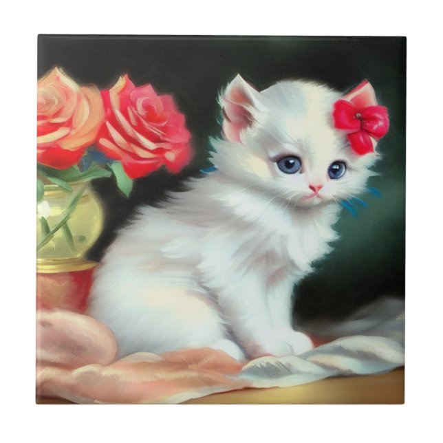 Vintage White Kitten Illustration with Red Flowers Tile (Front)