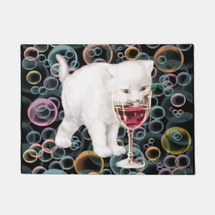 Vintage White Kitten Red Wine Drinker Bubbles Art Doormat