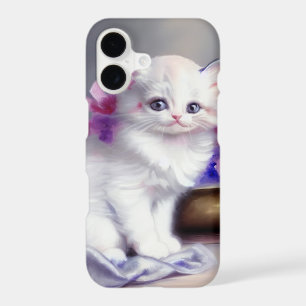 Vintage White Kitten with Pink and Purple Flowers
