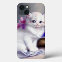 Vintage White Kitten with Pink and Purple Flowers