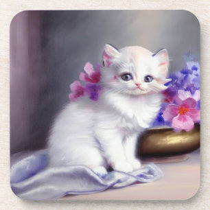Vintage White Kitten with Pink and Purple Flowers Coaster