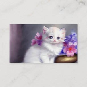Vintage White Kitten with Pink and Purple Flowers Enclosure Card