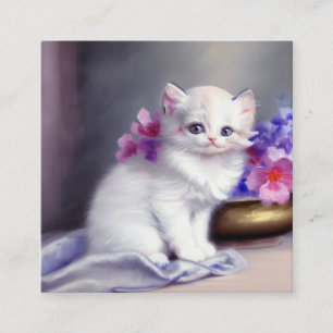 Vintage White Kitten with Pink and Purple Flowers Enclosure Card