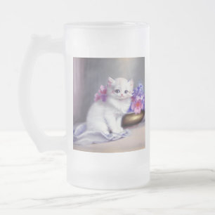 Vintage White Kitten with Pink and Purple Flowers Frosted Glass Beer Mug