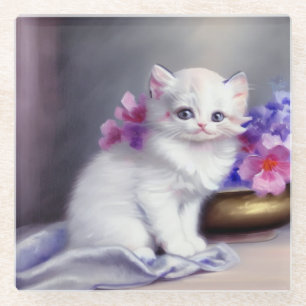 Vintage White Kitten with Pink and Purple Flowers Glass Coaster
