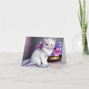 Vintage White Kitten with Pink and Purple Flowers Invitation