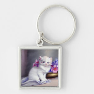 Vintage White Kitten with Pink and Purple Flowers Key Ring