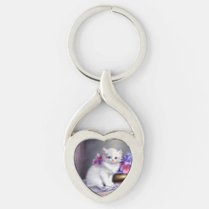 Vintage White Kitten with Pink and Purple Flowers Key Ring