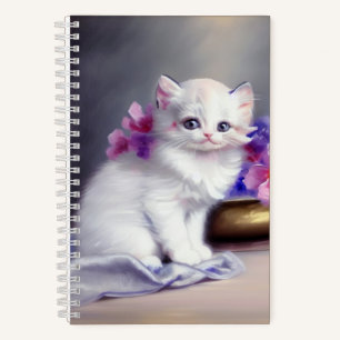 Vintage White Kitten with Pink and Purple Flowers Notebook