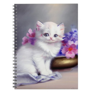 Vintage White Kitten with Pink and Purple Flowers Notebook