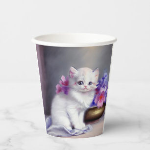 Vintage White Kitten with Pink and Purple Flowers Paper Cups