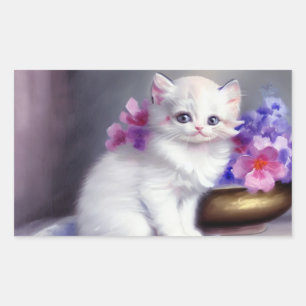 Vintage White Kitten with Pink and Purple Flowers Rectangular Sticker