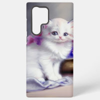 Vintage White Kitten with Pink and Purple Flowers
