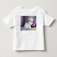 Vintage White Kitten with Pink and Purple Flowers