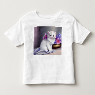 Vintage White Kitten with Pink and Purple Flowers Toddler T-Shirt