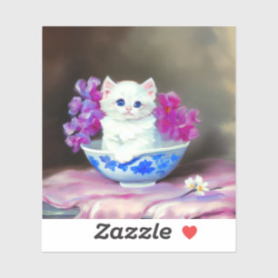 Vintage White Kitten with Pink Flowers 