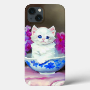 Vintage White Kitten with Pink Flowers iPhone 13 Case
