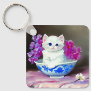 Vintage White Kitten with Pink Flowers Key Ring