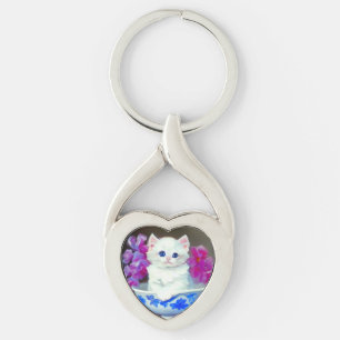 Vintage White Kitten with Pink Flowers  Key Ring
