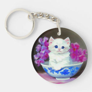 Vintage White Kitten with Pink Flowers  Key Ring