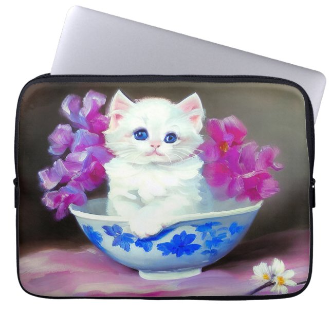 Vintage White Kitten with Pink Flowers  Laptop Sleeve (Front)