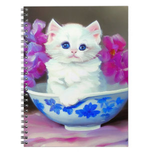 Vintage White Kitten with Pink Flowers Notebook