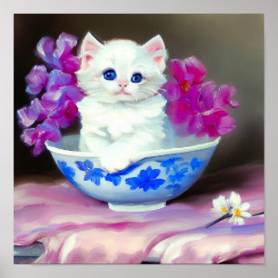 Vintage White Kitten with Pink Flowers Poster
