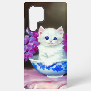 Vintage White Kitten with Pink Flowers  Samsung Galaxy Case