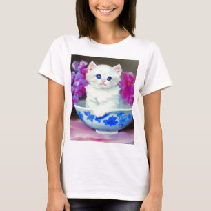 Vintage White Kitten with Pink Flowers  T-Shirt