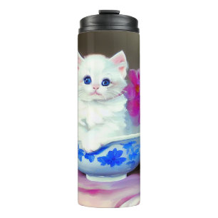 Vintage White Kitten with Pink Flowers Thermal Tumbler
