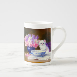 Vintage White Kitten with Purple Ribbon Bone China Mug