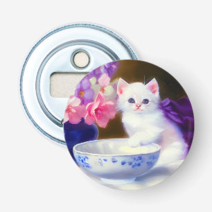 Vintage White Kitten with Purple Ribbon Bottle Opener