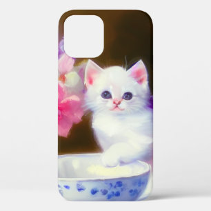 Vintage White Kitten with Purple Ribbon iPhone 12 Case